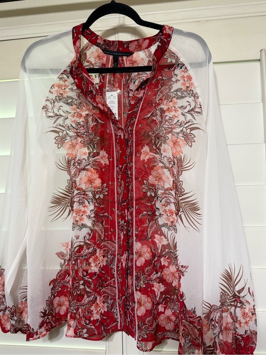 White House Black Market Tops - WHBM Chiffon Floral Red White Sheer Blouse